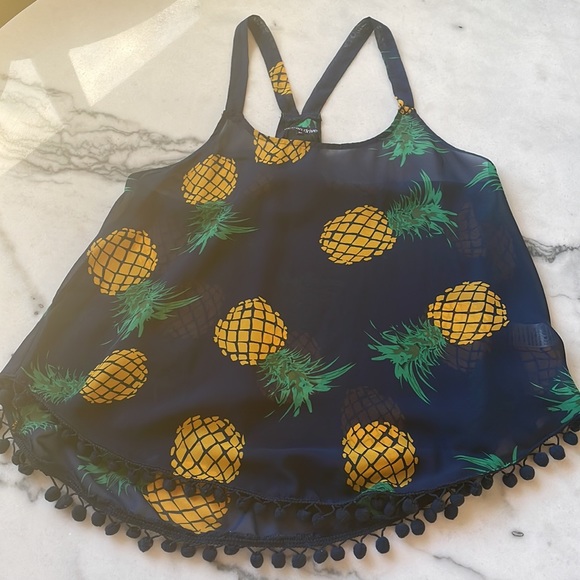 Ocean Drive Pineapple Sheer Pom Pom Trim Tank Top - Size Medium - Picture 3 of 7
